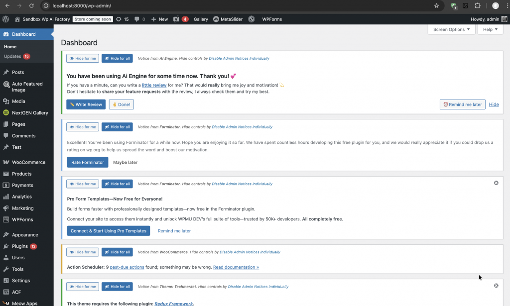 Cluttered WordPress Dashboard with Multiple Admin Notices