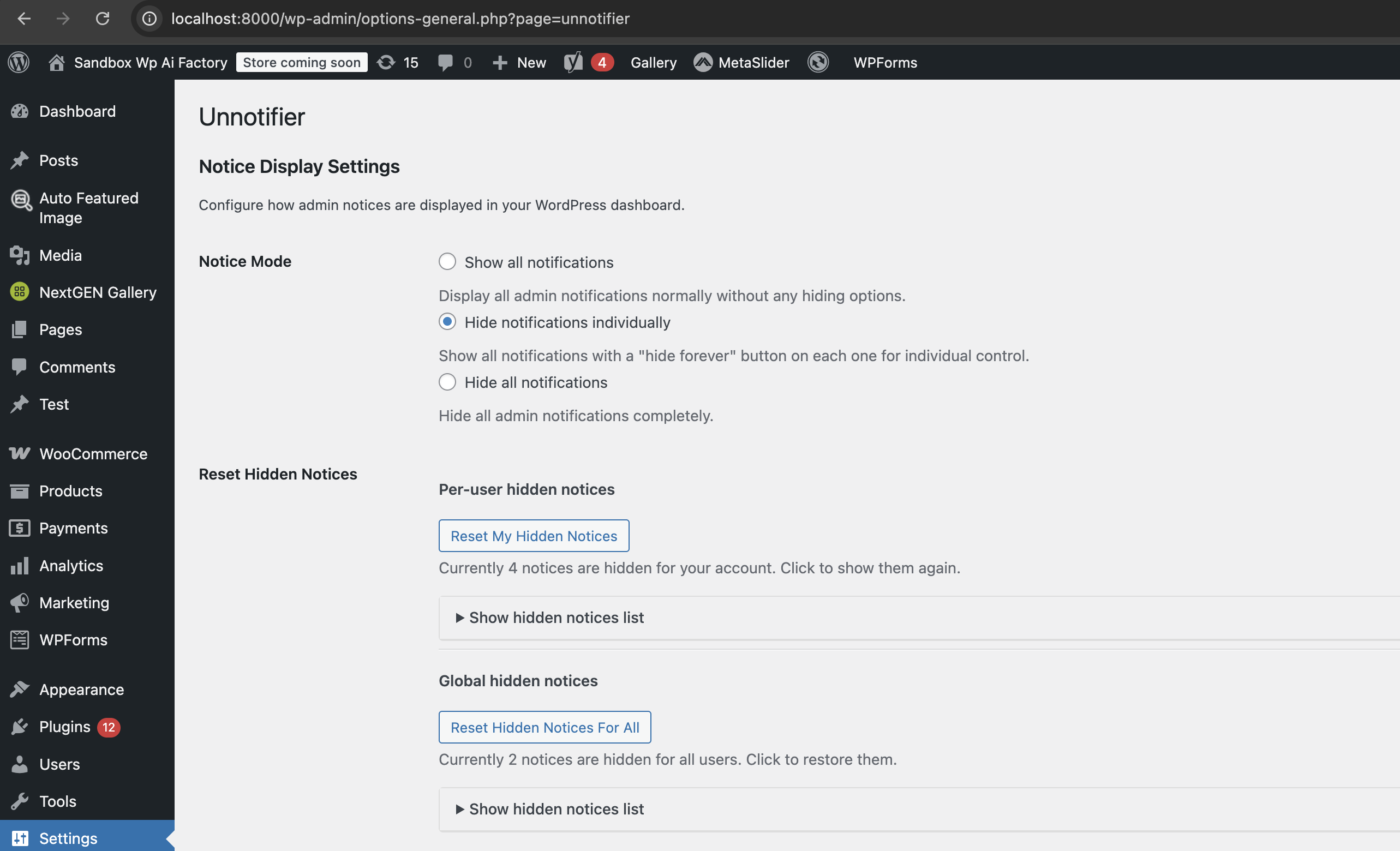 Unnotifier Settings Interface
