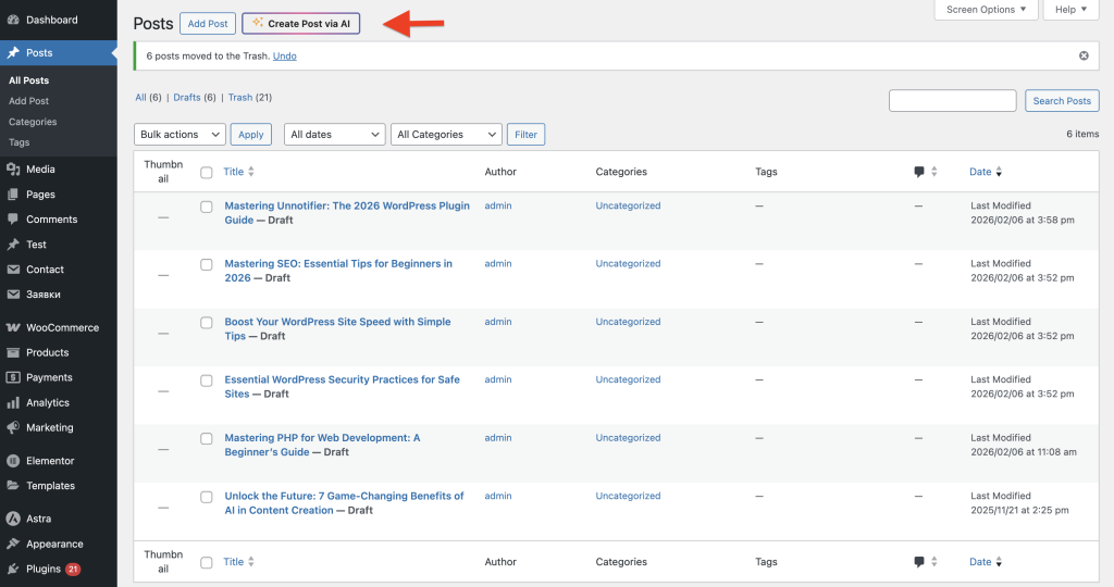 SmartyPress AI Engine Create Post with AI button on WordPress Posts list
