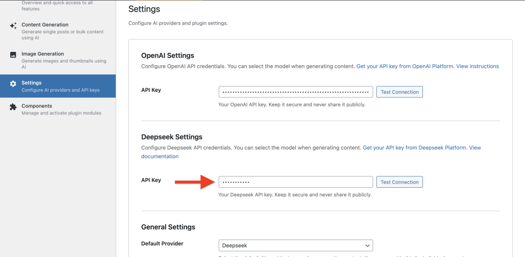 SmartyPress AI Engine Settings with Deepseek API key configuration