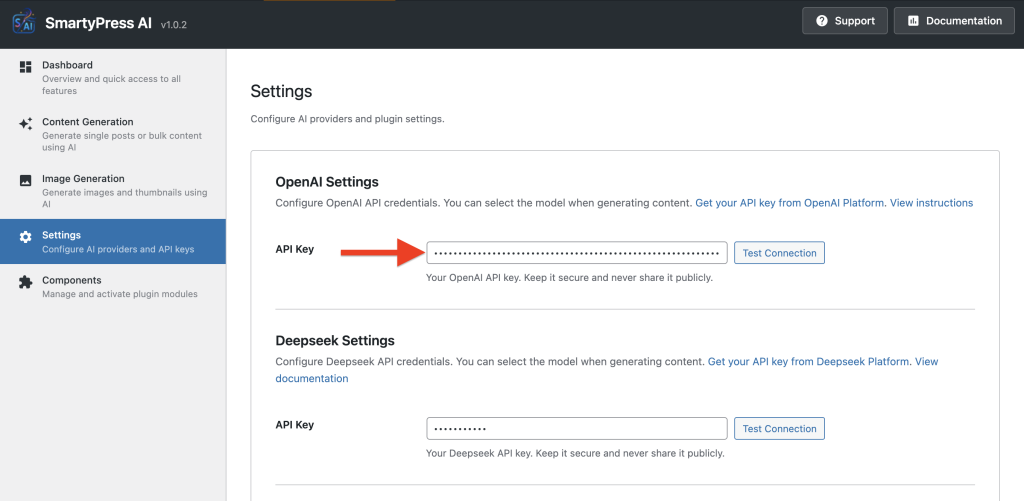 SmartyPress AI Engine free AI engine settings page with OpenAI API key configuration
