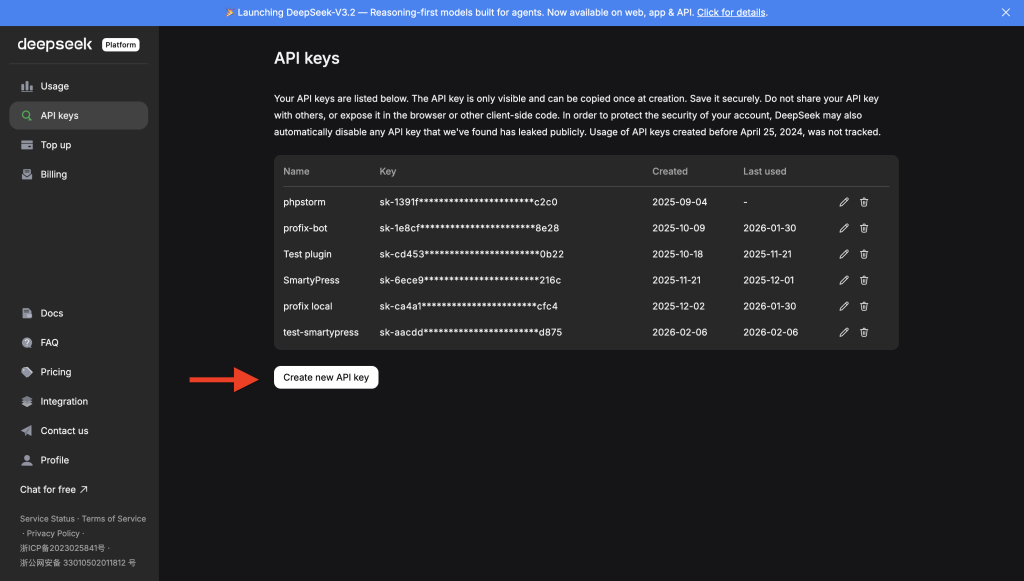 Deepseek platform API keys page for SmartyPress AI Engine
