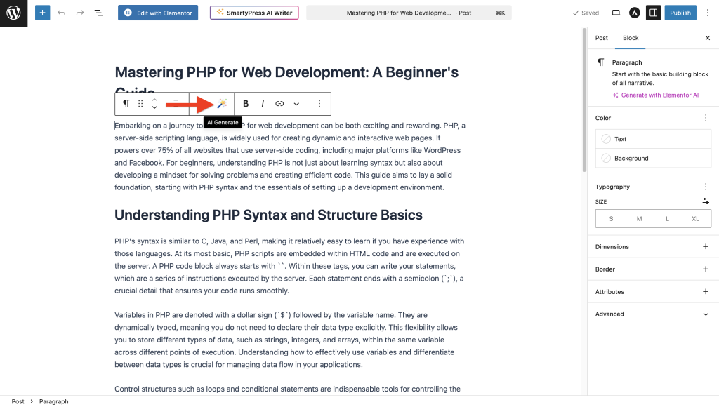SmartyPress AI Engine Magic Wand button in WordPress block toolbar