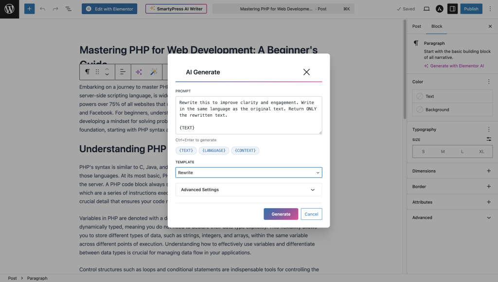 SmartyPress AI Engine Magic Wand modal with template dropdown