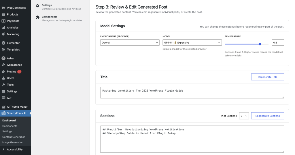 SmartyPress AI Engine Content Generation preview step with AI-generated title and content