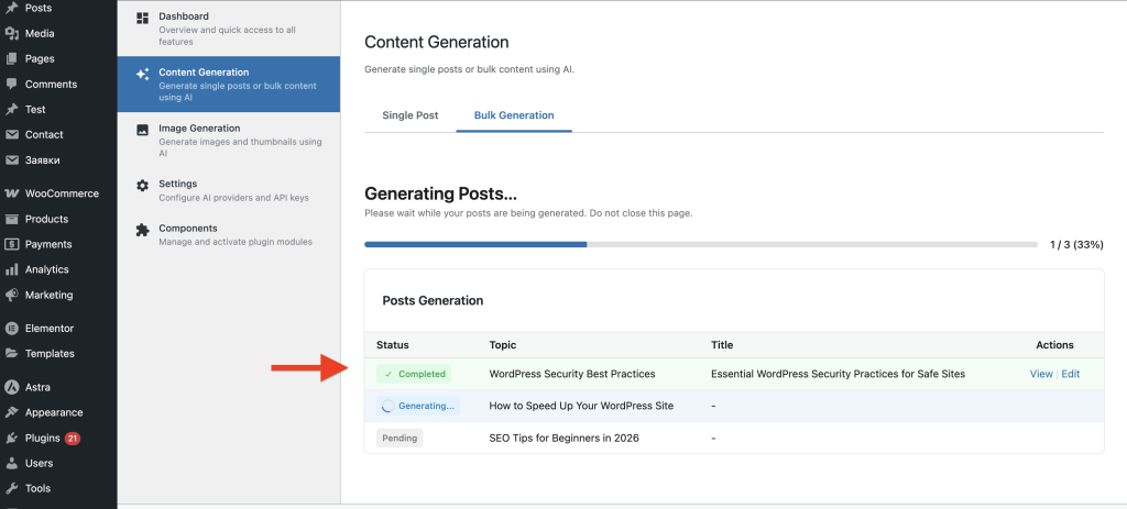 SmartyPress AI Engine bulk post generation progress tracker
