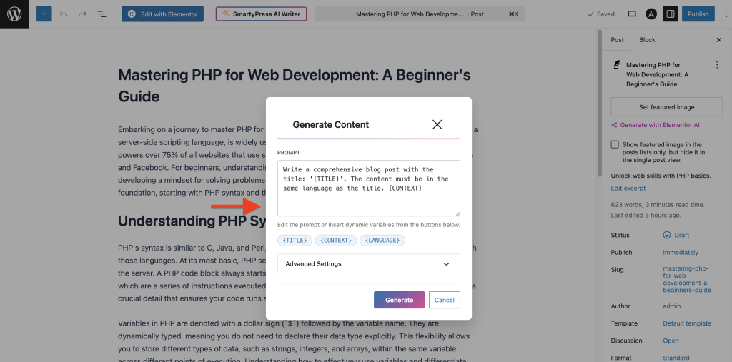 SmartyPress AI Engine free AI engine generator modal in Gutenberg editor