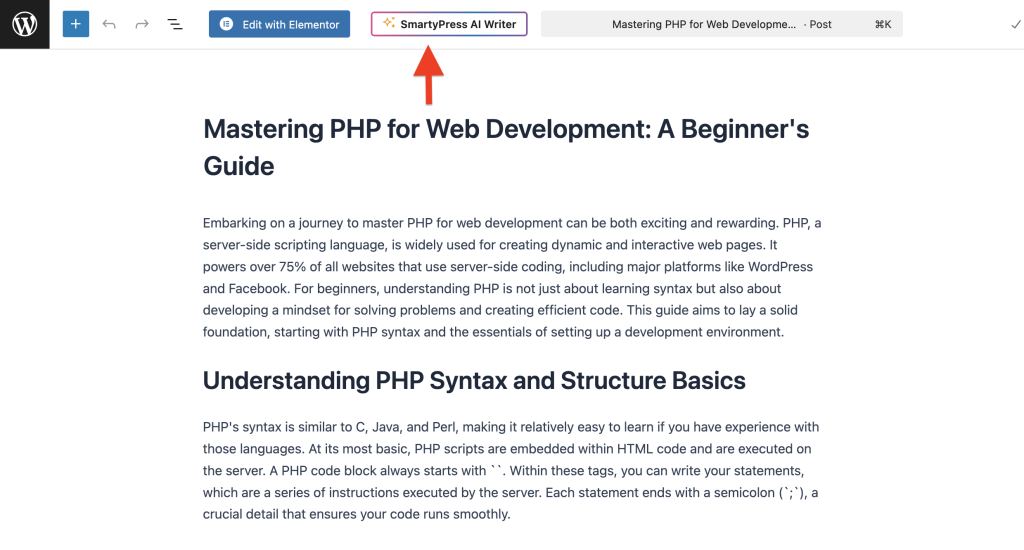SmartyPress AI Engine free AI engine toolbar button in WordPress Gutenberg