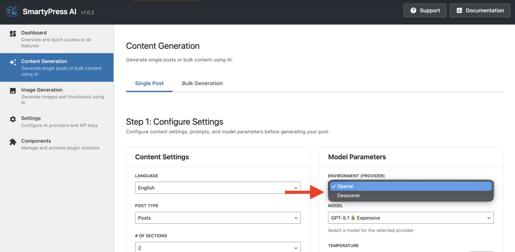 SmartyPress AI Engine Single Post Generation settings with provider and model options