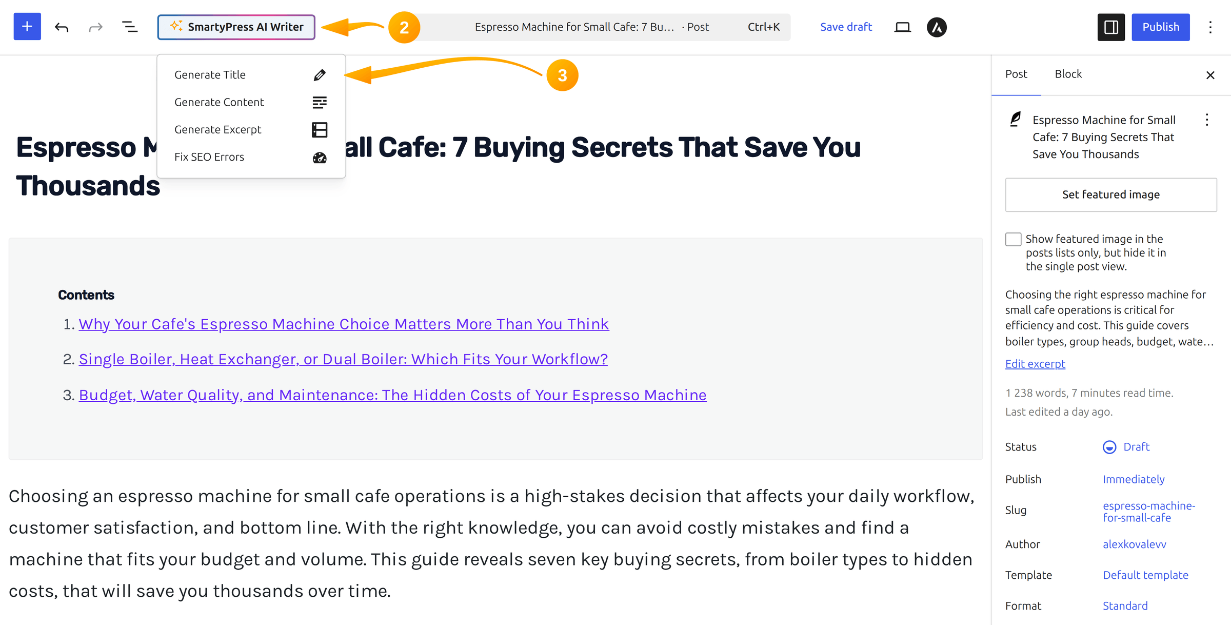 SmartyPress AI Writer button in the Gutenberg toolbar with its dropdown menu open
