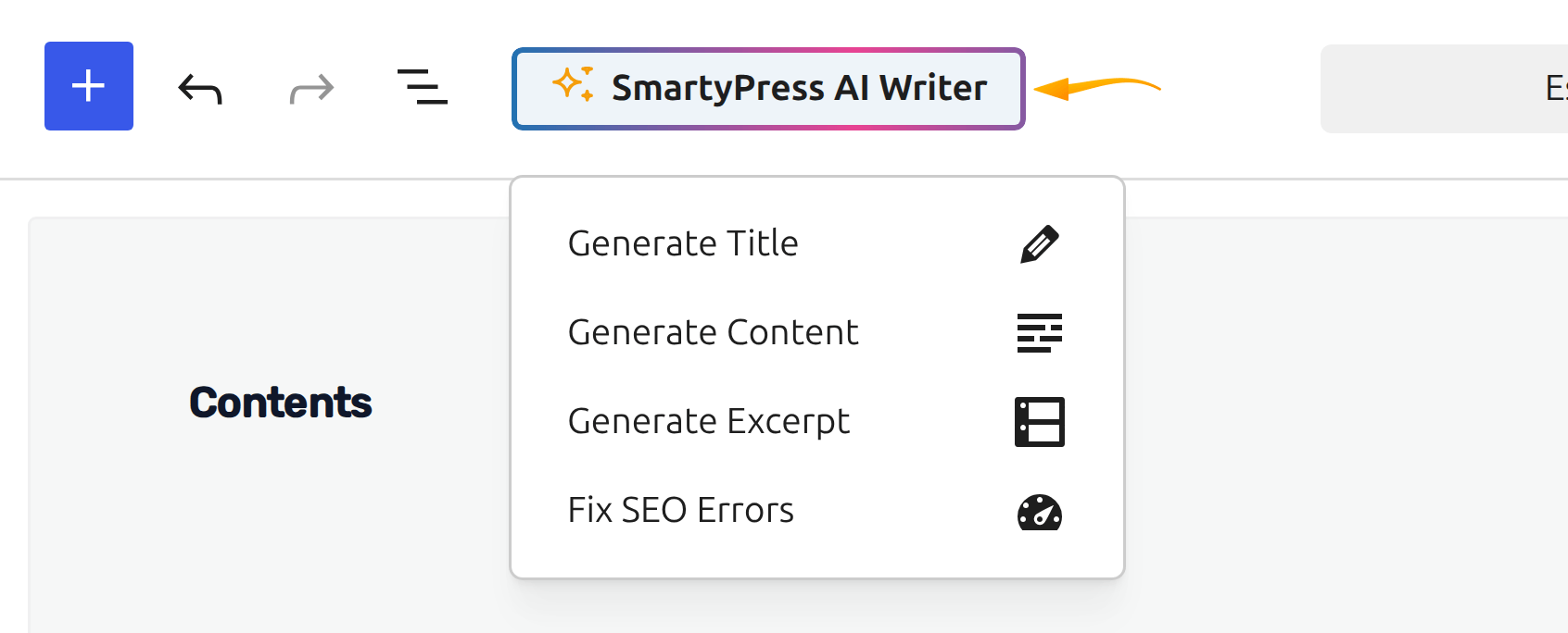 AI Writer dropdown menu in SmartyPress AI with generate title, content, excerpt and fix SEO errors