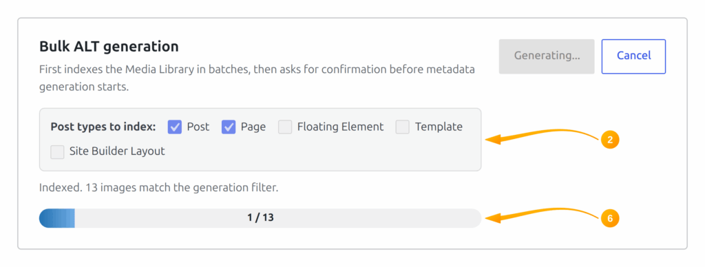 Bulk ALT generation in progress in SmartyPress AI with a live progress bar