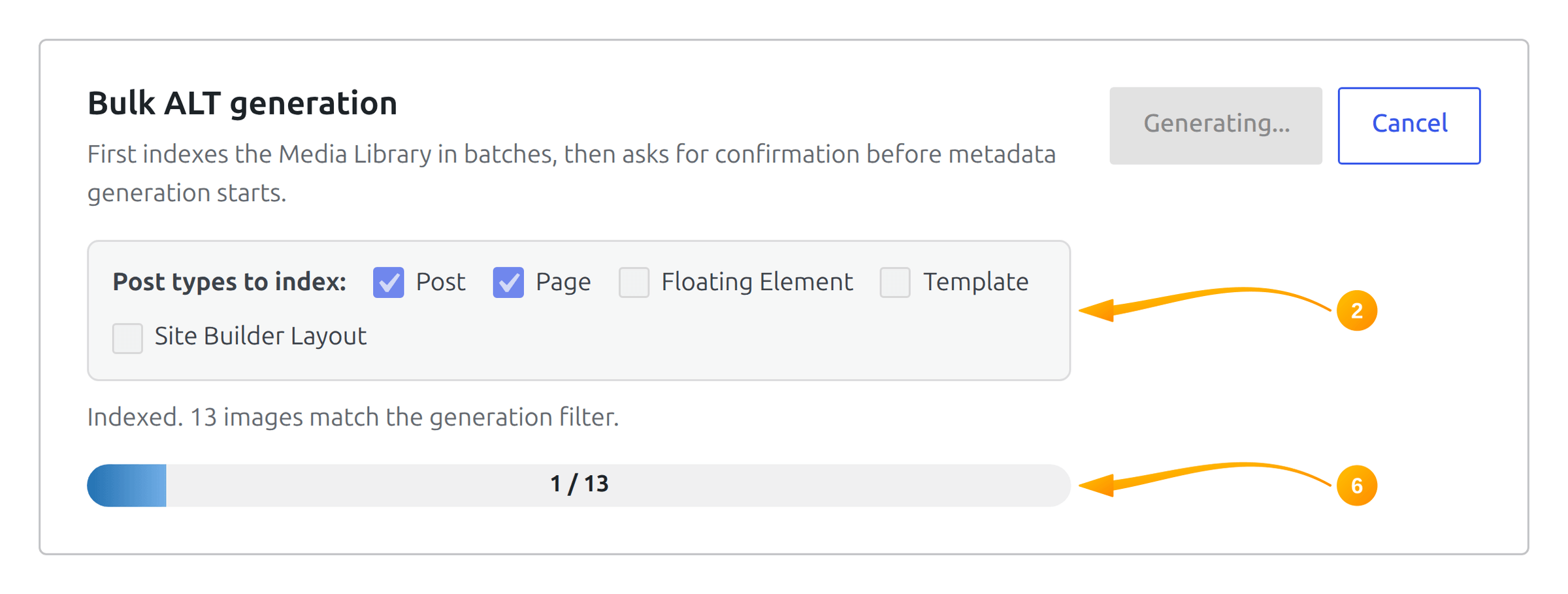 Bulk ALT generation in progress in SmartyPress AI with a live progress bar