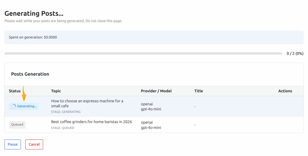 Bulk generation progress in SmartyPress AI with per-topic status and spend counter