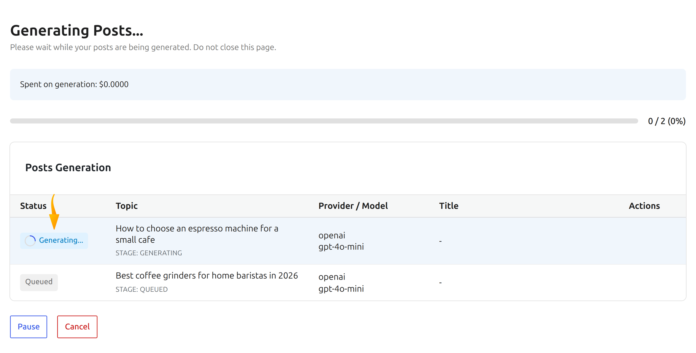 Bulk generation progress in SmartyPress AI with per-topic status and spend counter