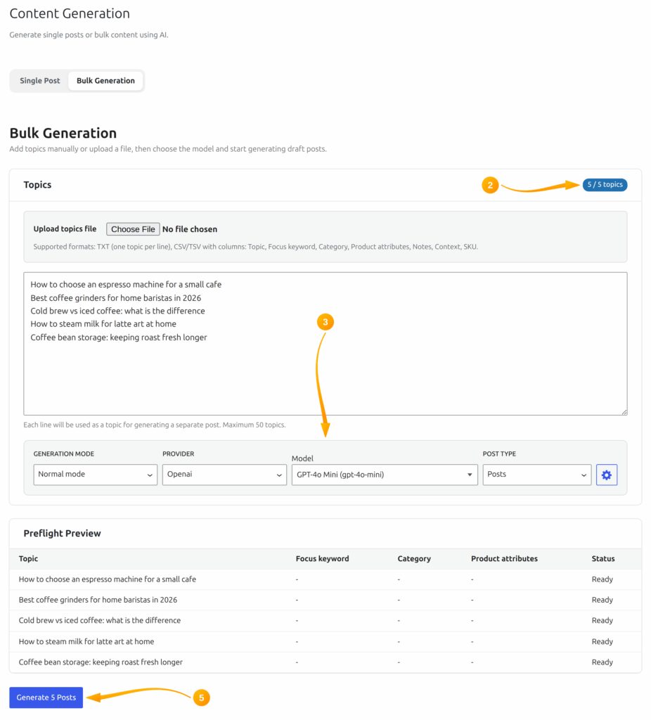 Bulk Generation screen in SmartyPress AI with a topic list and preflight preview