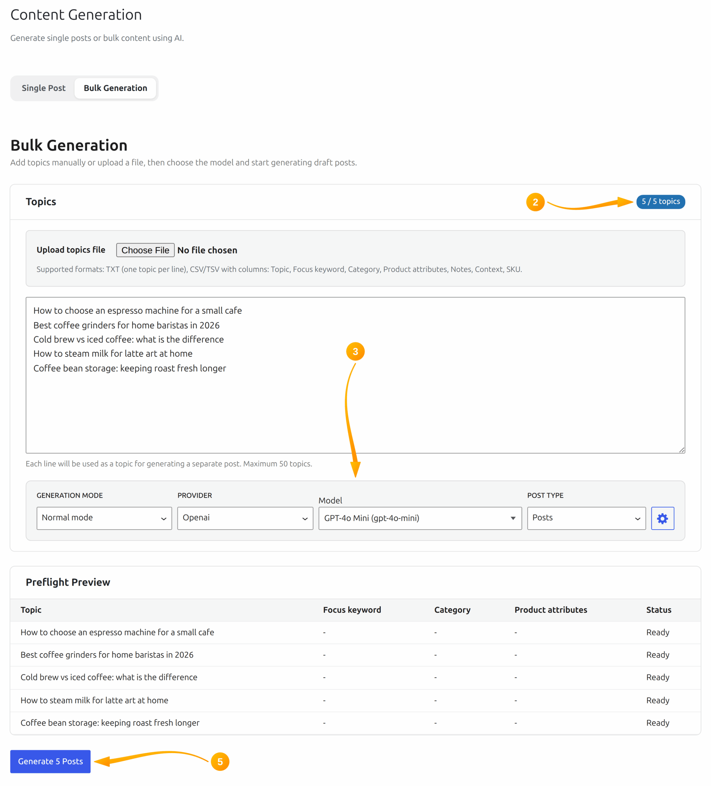 Bulk Generation screen in SmartyPress AI with a topic list and preflight preview