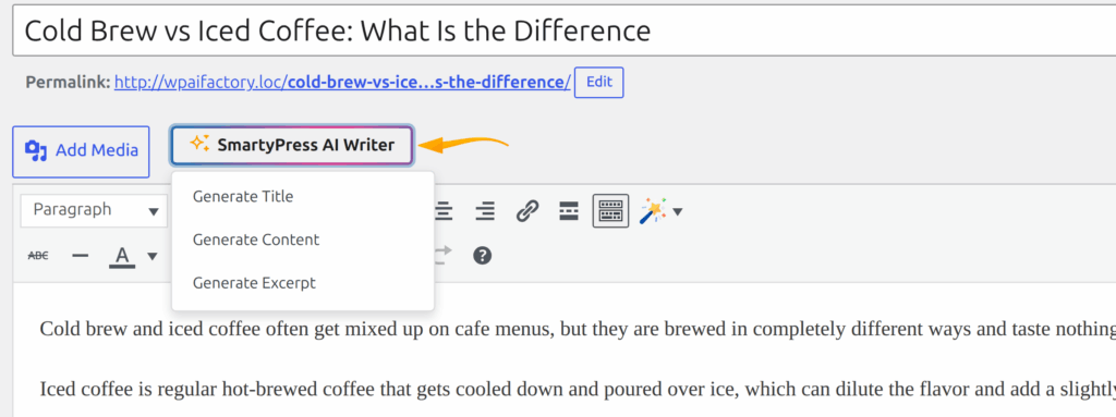 SmartyPress AI Writer button above the Classic Editor toolbar with its dropdown menu open