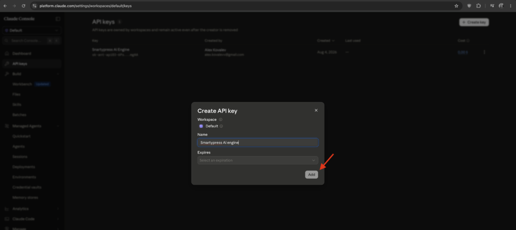 Claude Console API keys page with Create key button