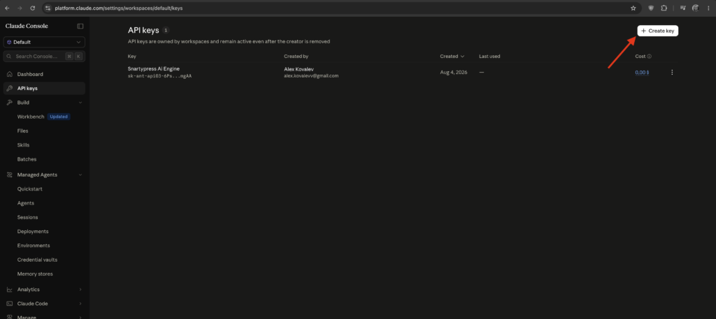Claude Create API key modal with Name, Workspace, and Expires fields