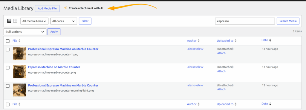 WordPress Media Library page with the Create attachment with AI button next to Add Media File