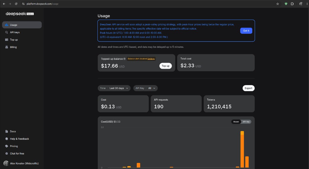 DeepSeek Platform sidebar with API keys menu item