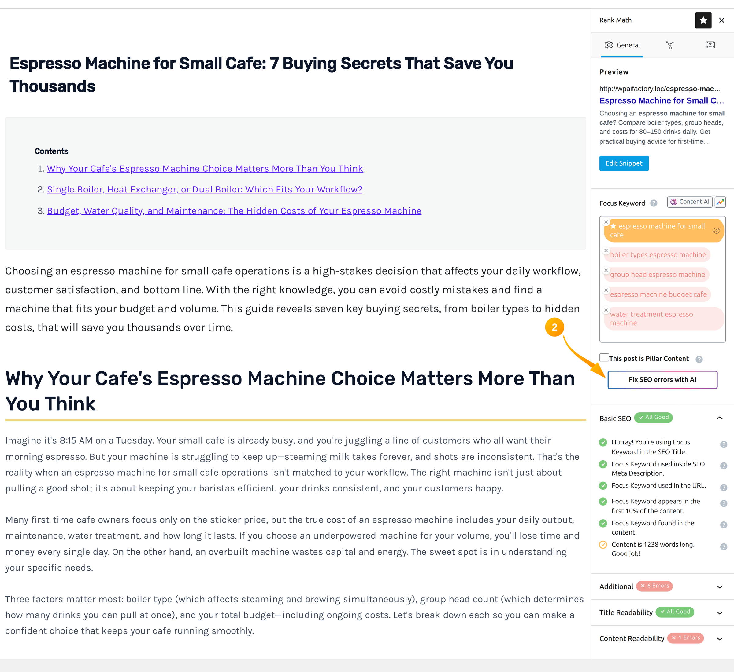Fix SEO errors with AI button in the Rank Math panel of the Gutenberg sidebar