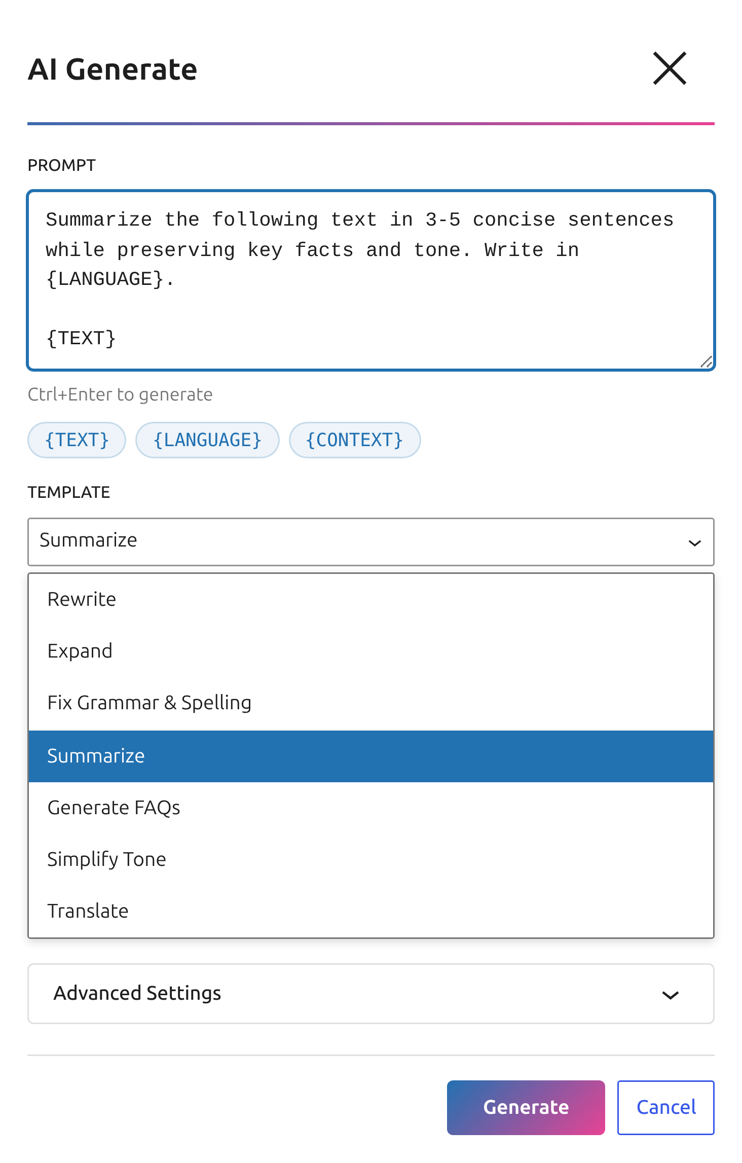 Magic Wand template list in SmartyPress AI with rewrite, expand, summarize and translate actions