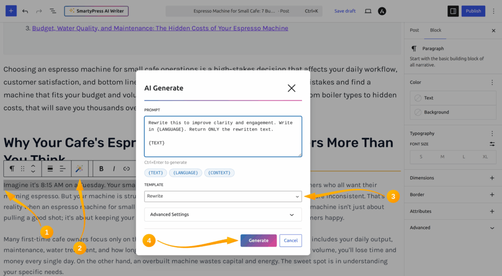 Magic Wand icon in the Gutenberg block toolbar with the AI Generate dialog open