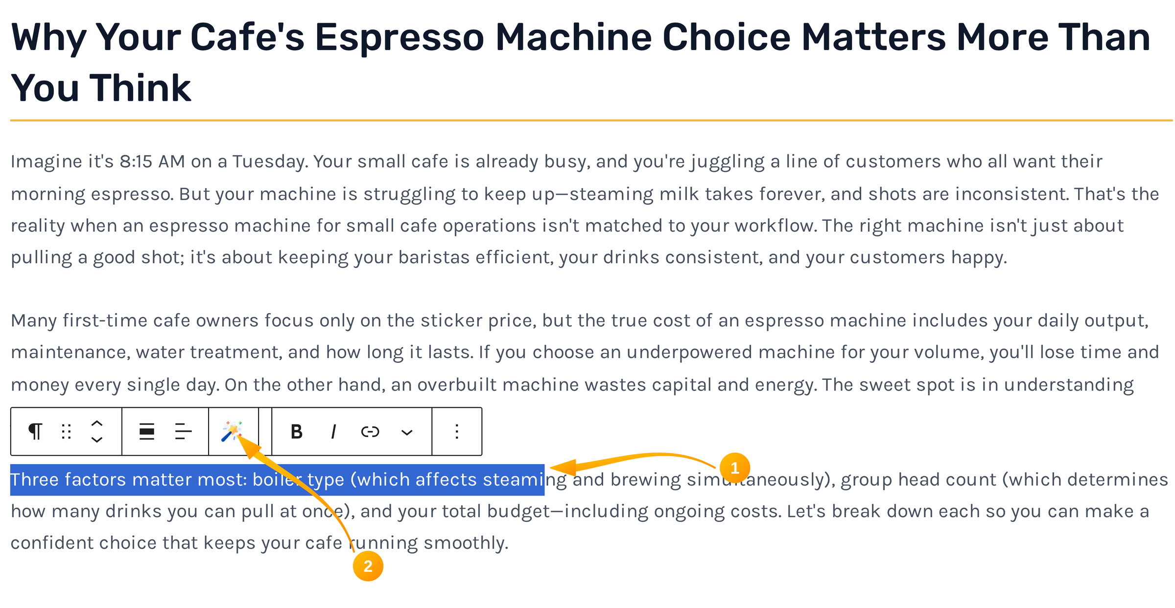 Magic Wand button highlighted in the Gutenberg block toolbar above a selected paragraph
