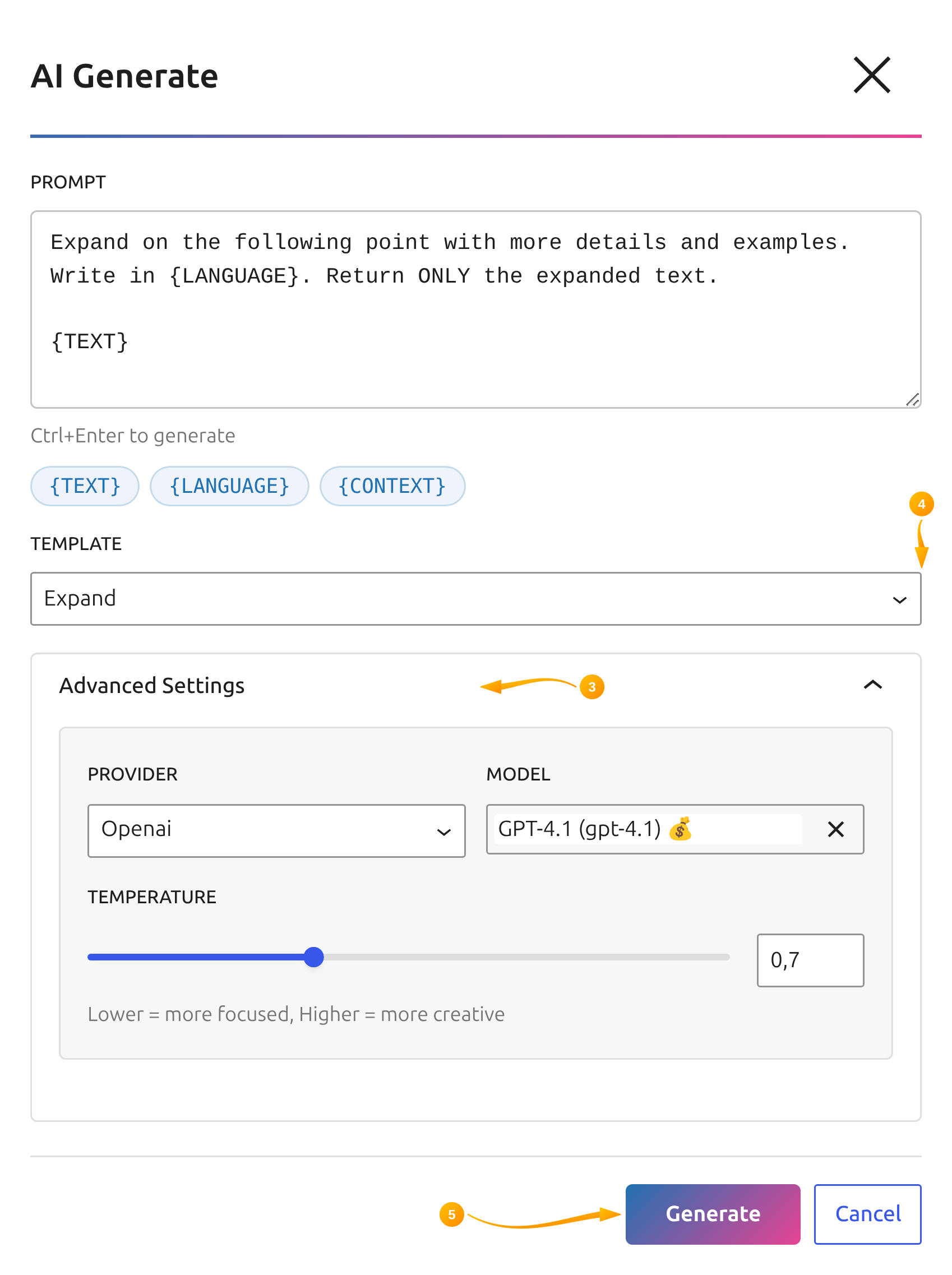AI Generate dialog in SmartyPress AI with the prompt field, template selector and advanced settings