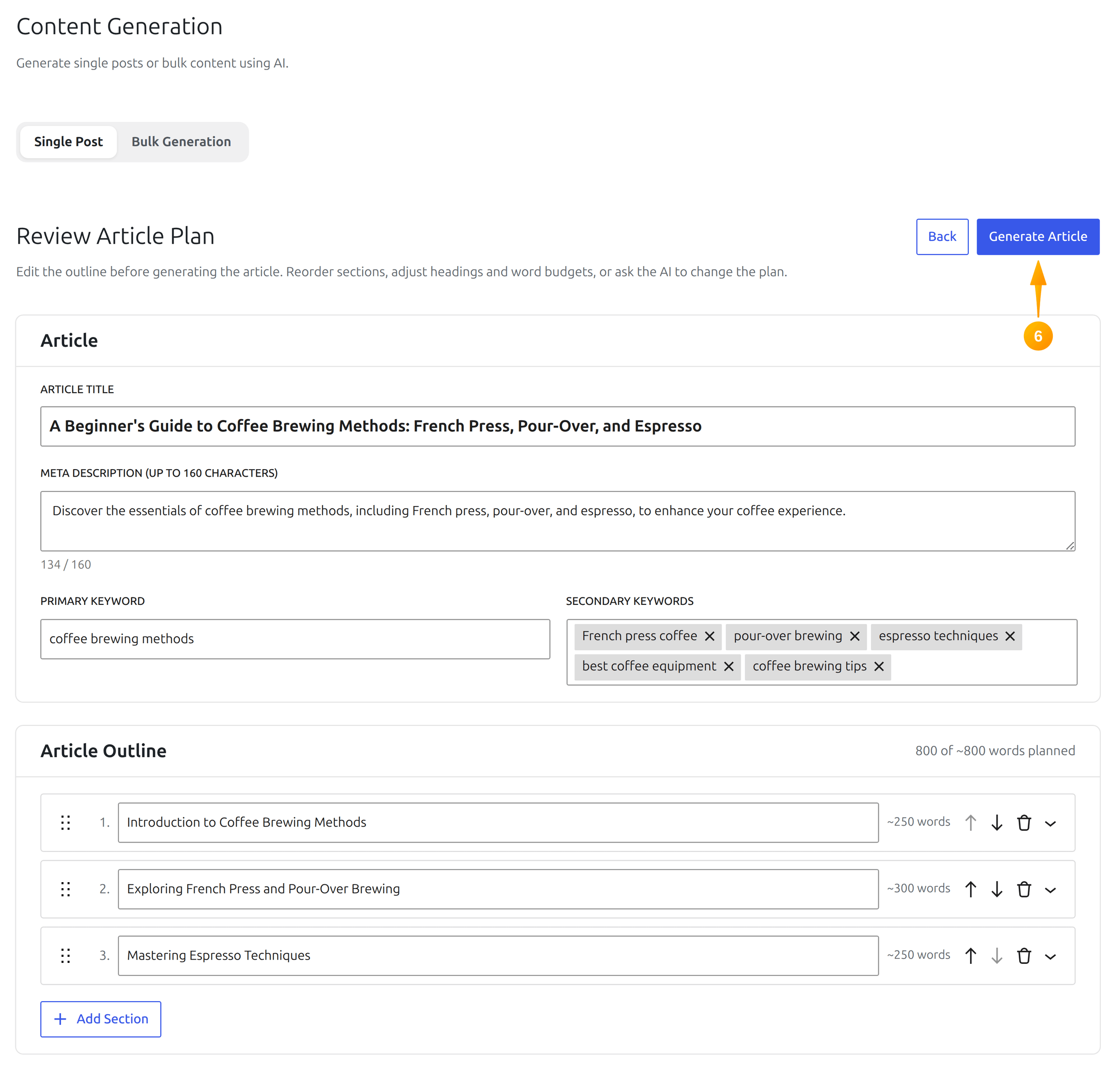Review Article Plan screen in SmartyPress AI with editable title keywords and outline
