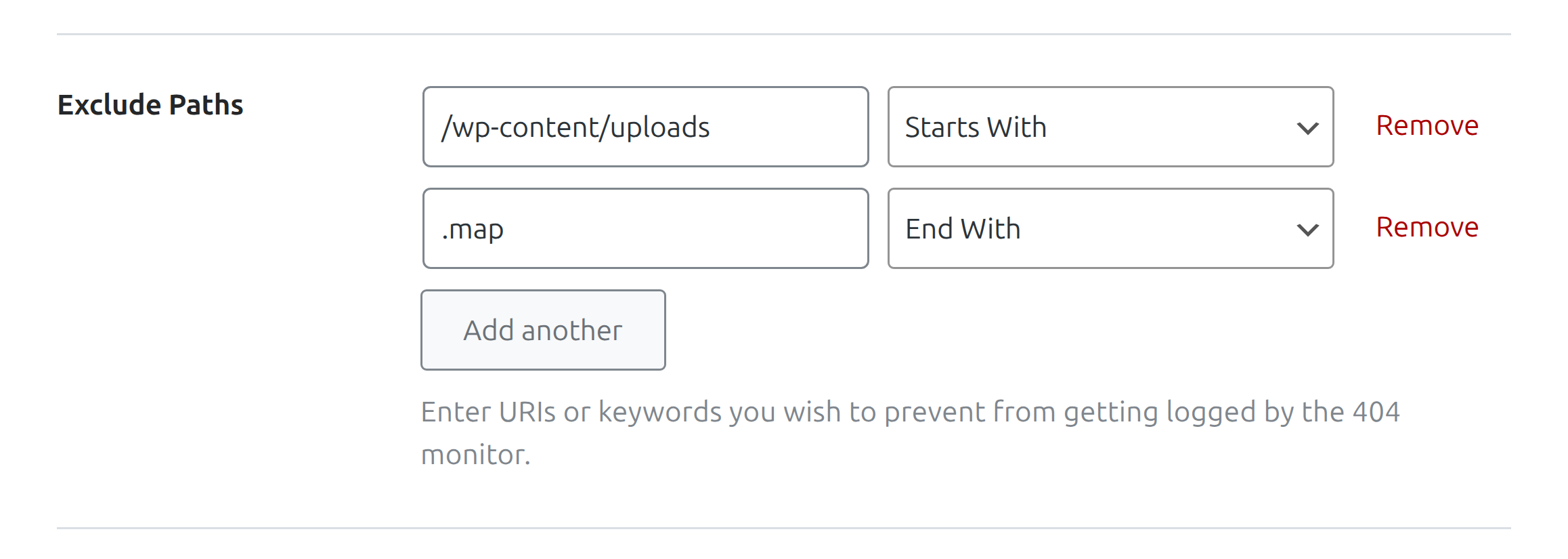 Exclude Paths list on the Rank Math 404 Monitor tab