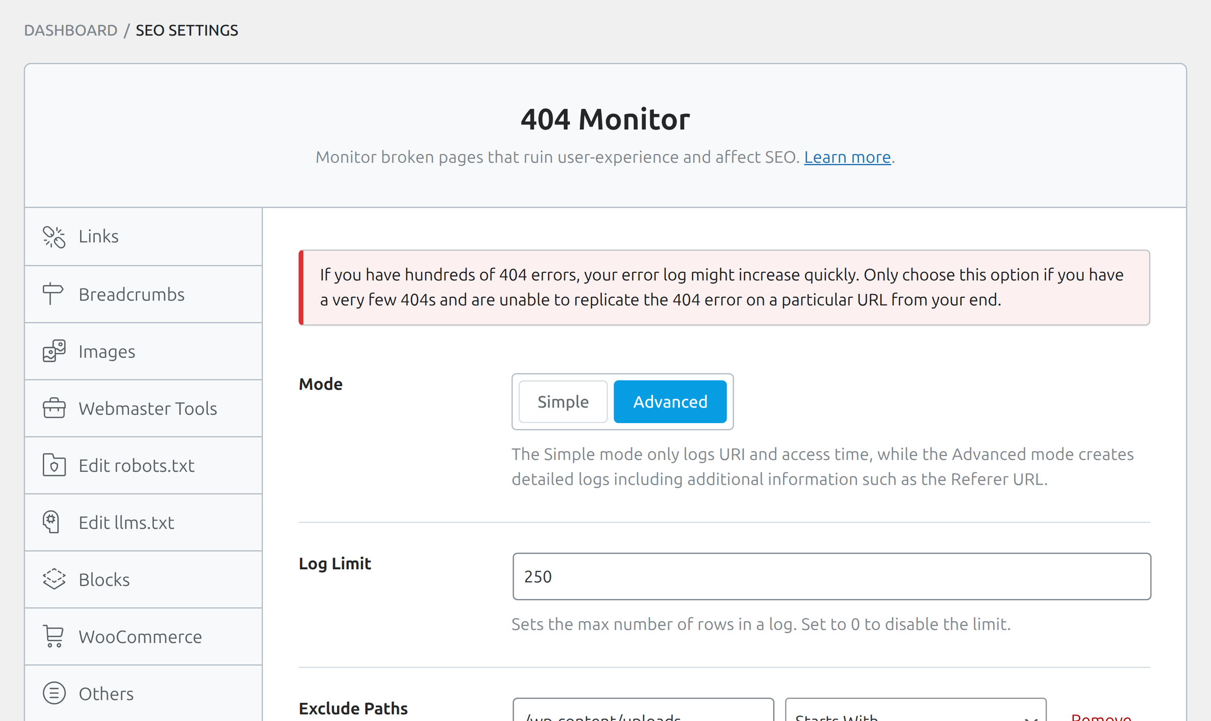 404 Monitor tab in Rank Math with Simple/Advanced mode and log limit