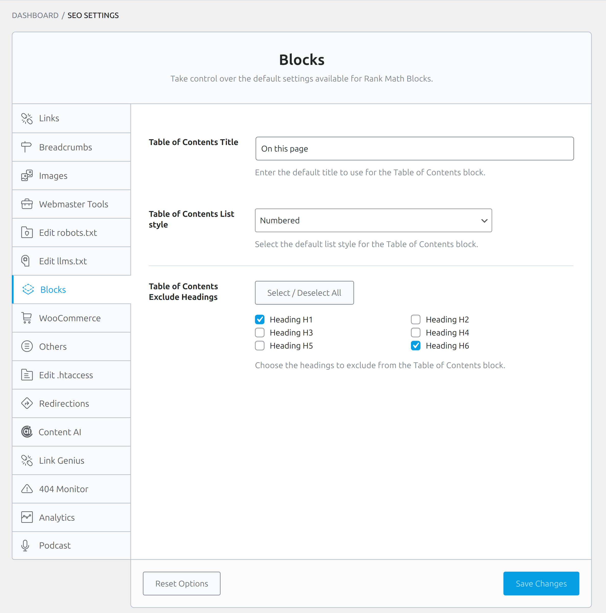 Blocks tab in Rank Math with Table of Contents defaults