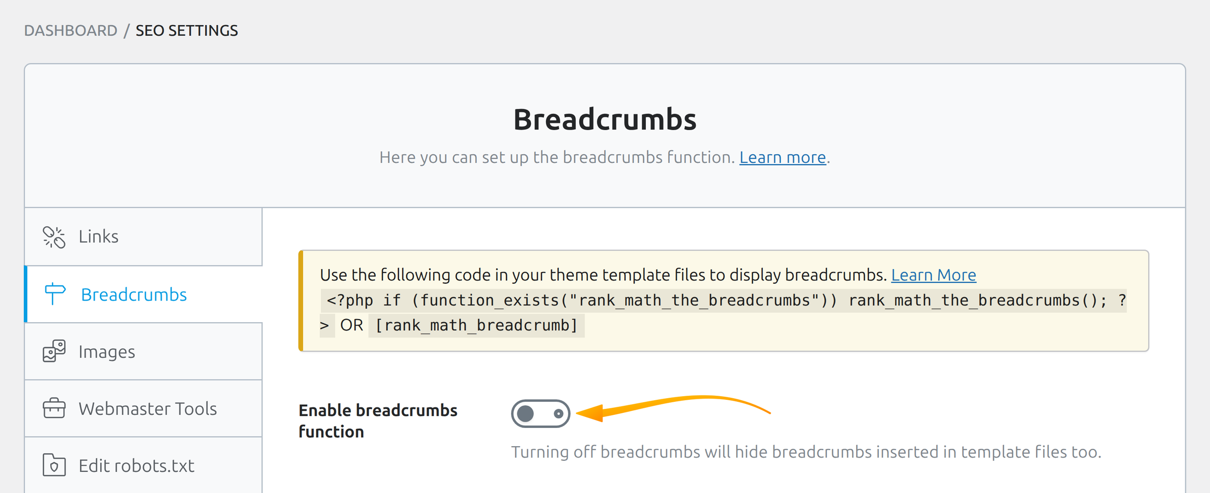 Breadcrumbs tab in Rank Math with Enable breadcrumbs function turned off