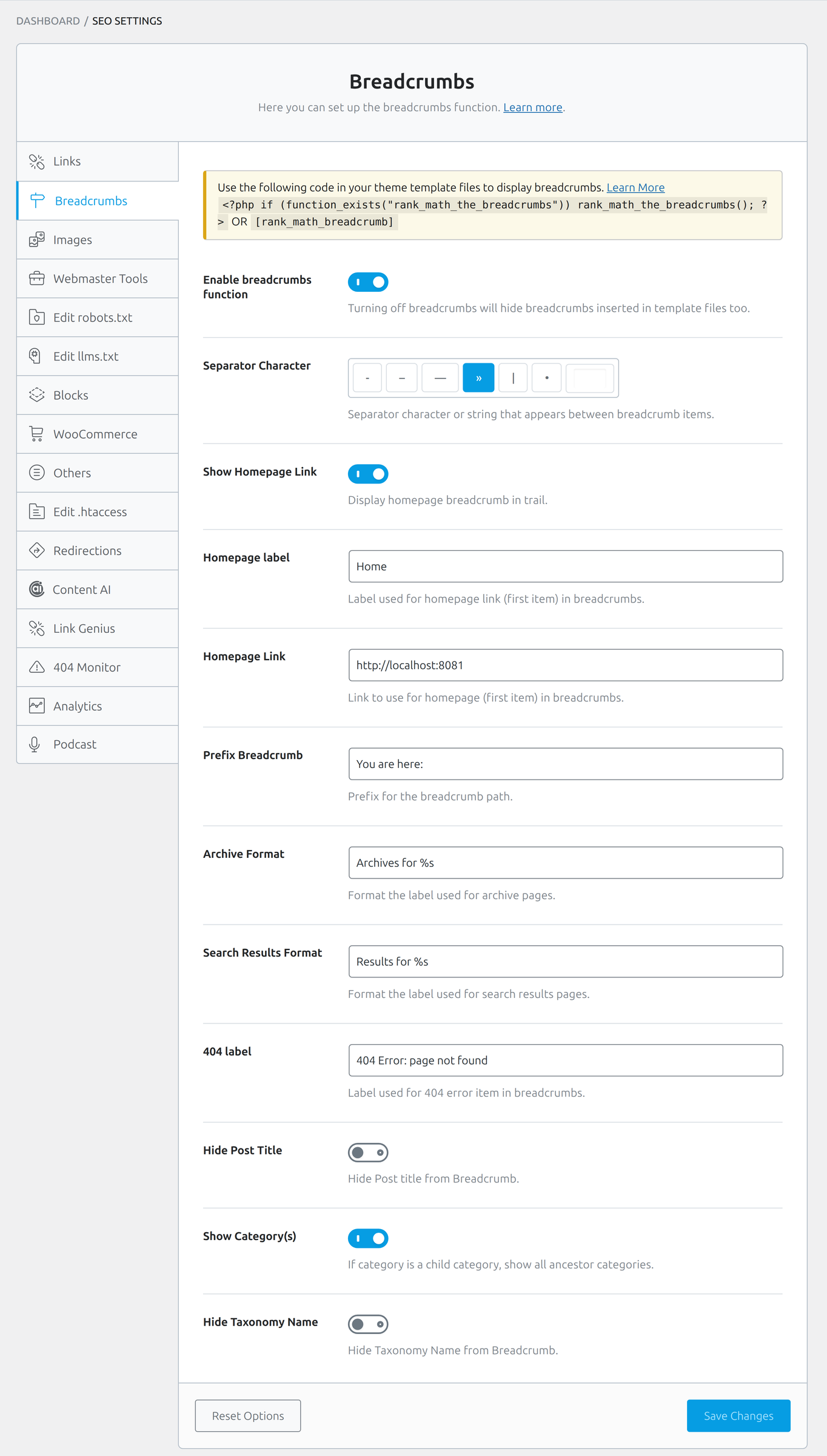 Breadcrumbs tab in Rank Math with separator and label fields visible