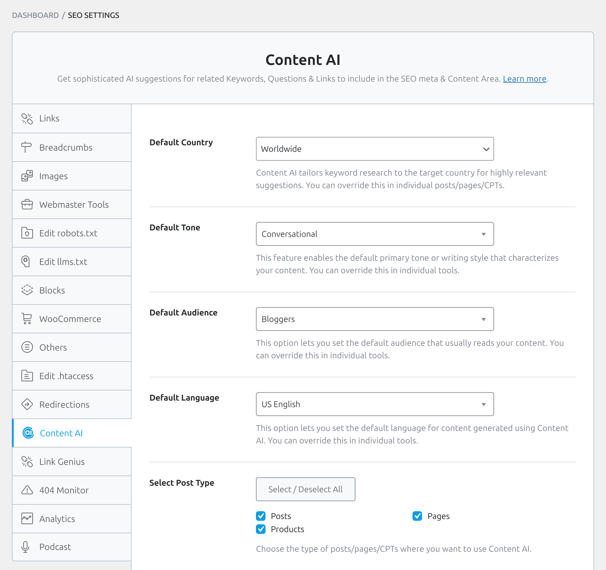 Content AI tab in Rank Math with default country, tone and language