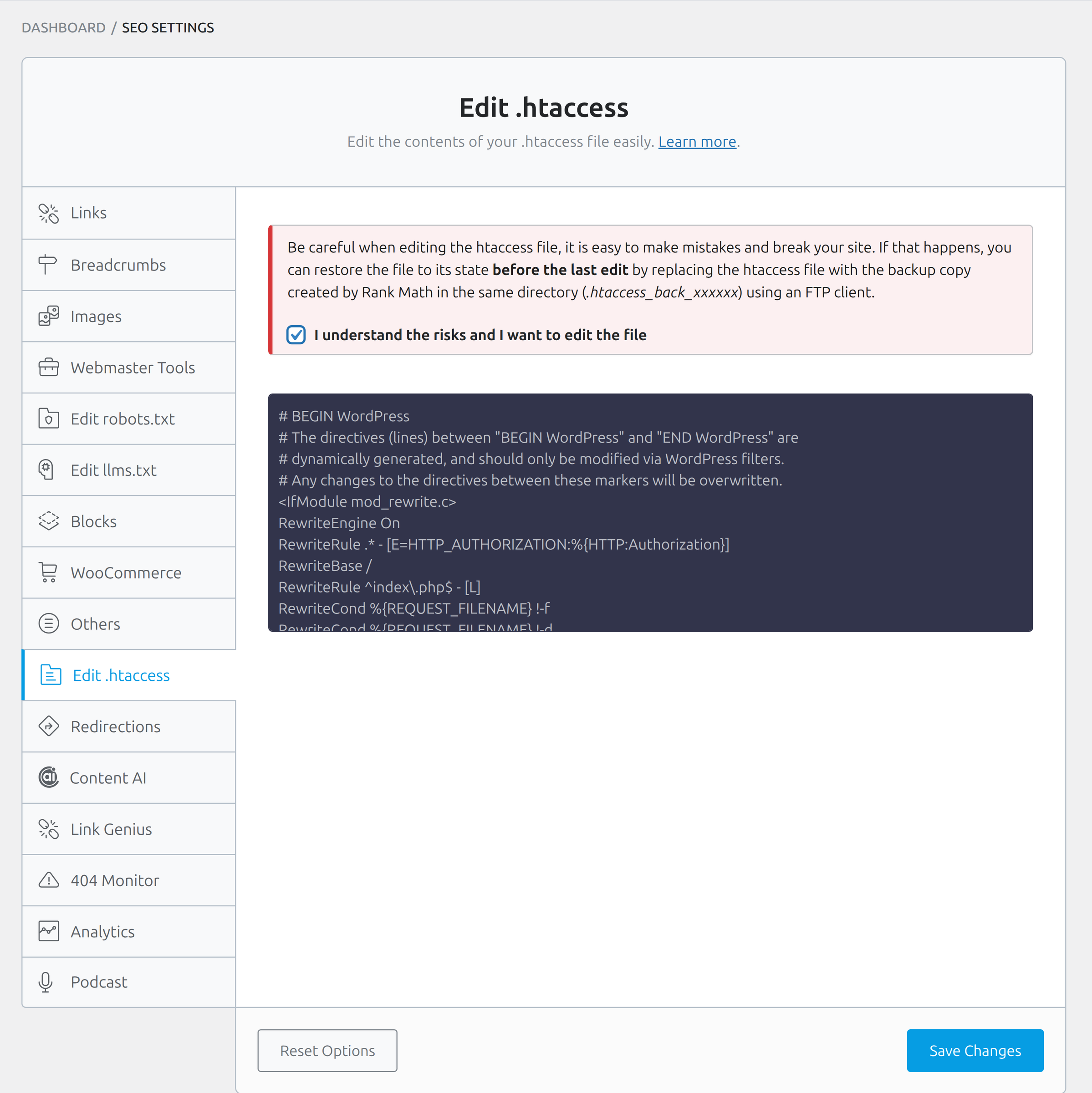 Edit .htaccess tab in Rank Math with the file-editing warning