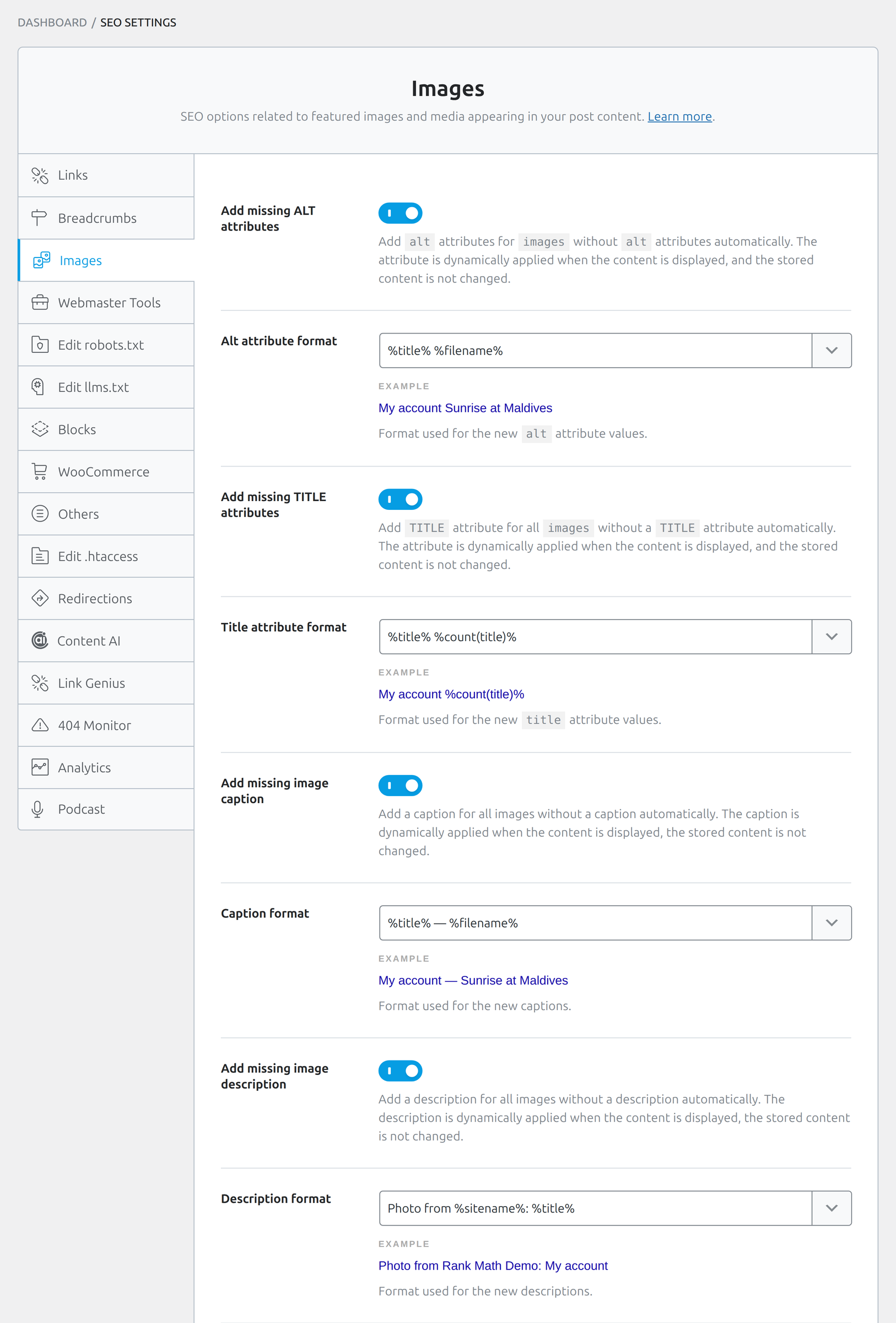 Images tab in Rank Math with alt, title, caption and description formats