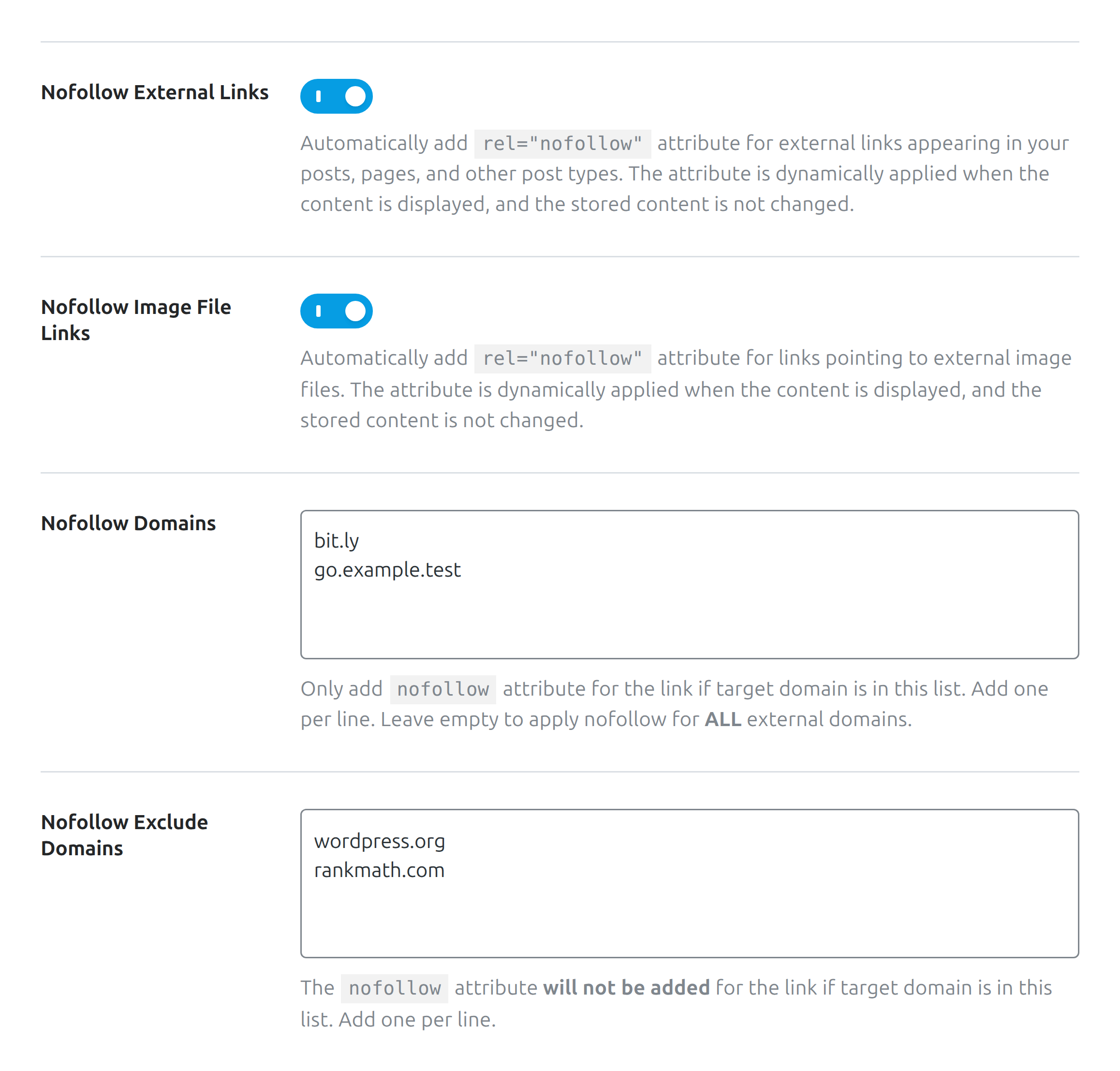 Nofollow toggles and domain lists on the Rank Math Links tab