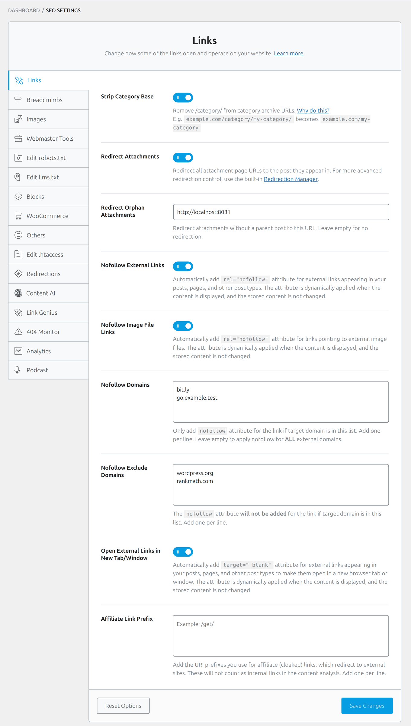 Links tab in Rank Math General Settings