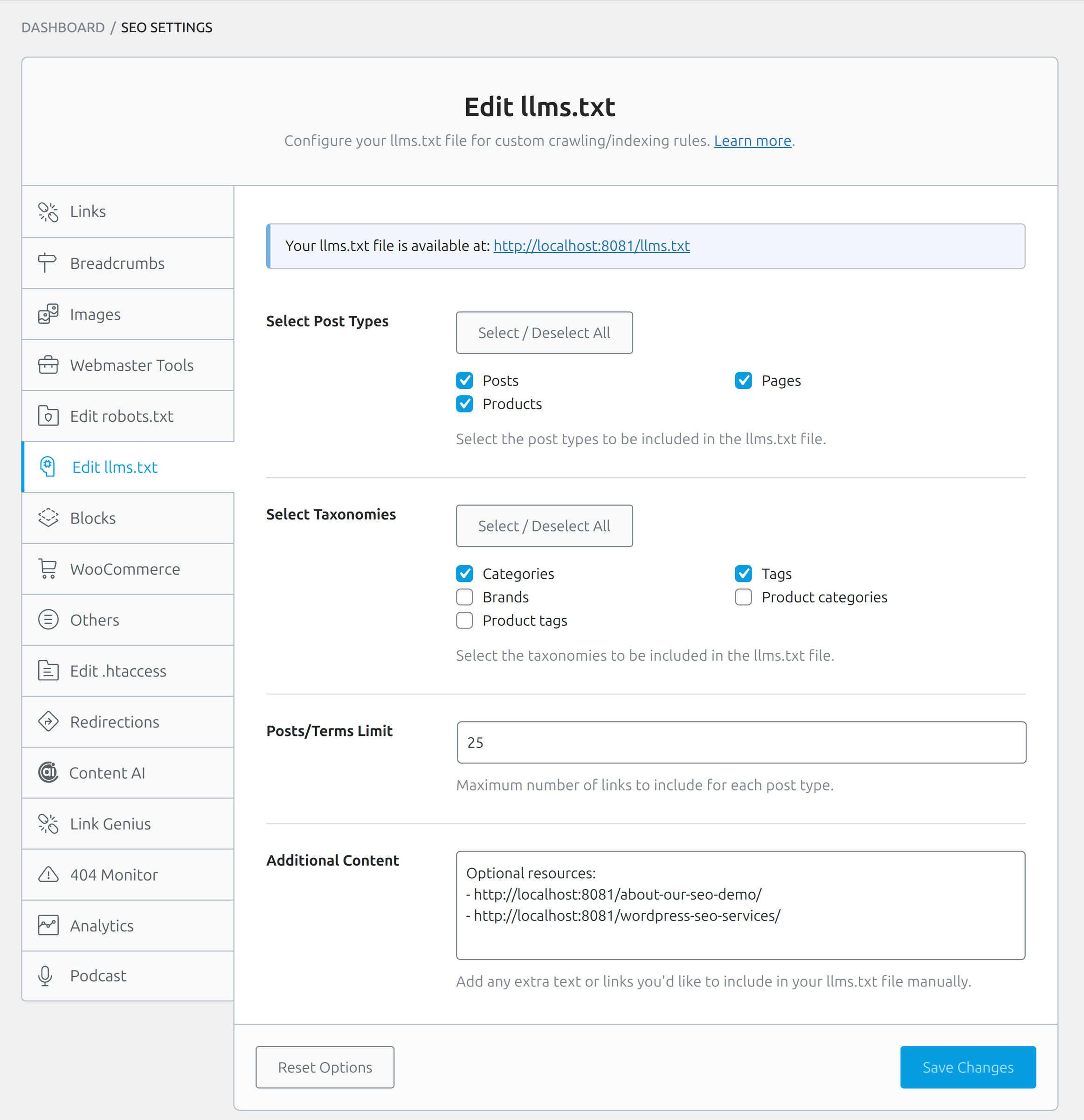 Edit llms.txt tab in Rank Math with post types and taxonomies