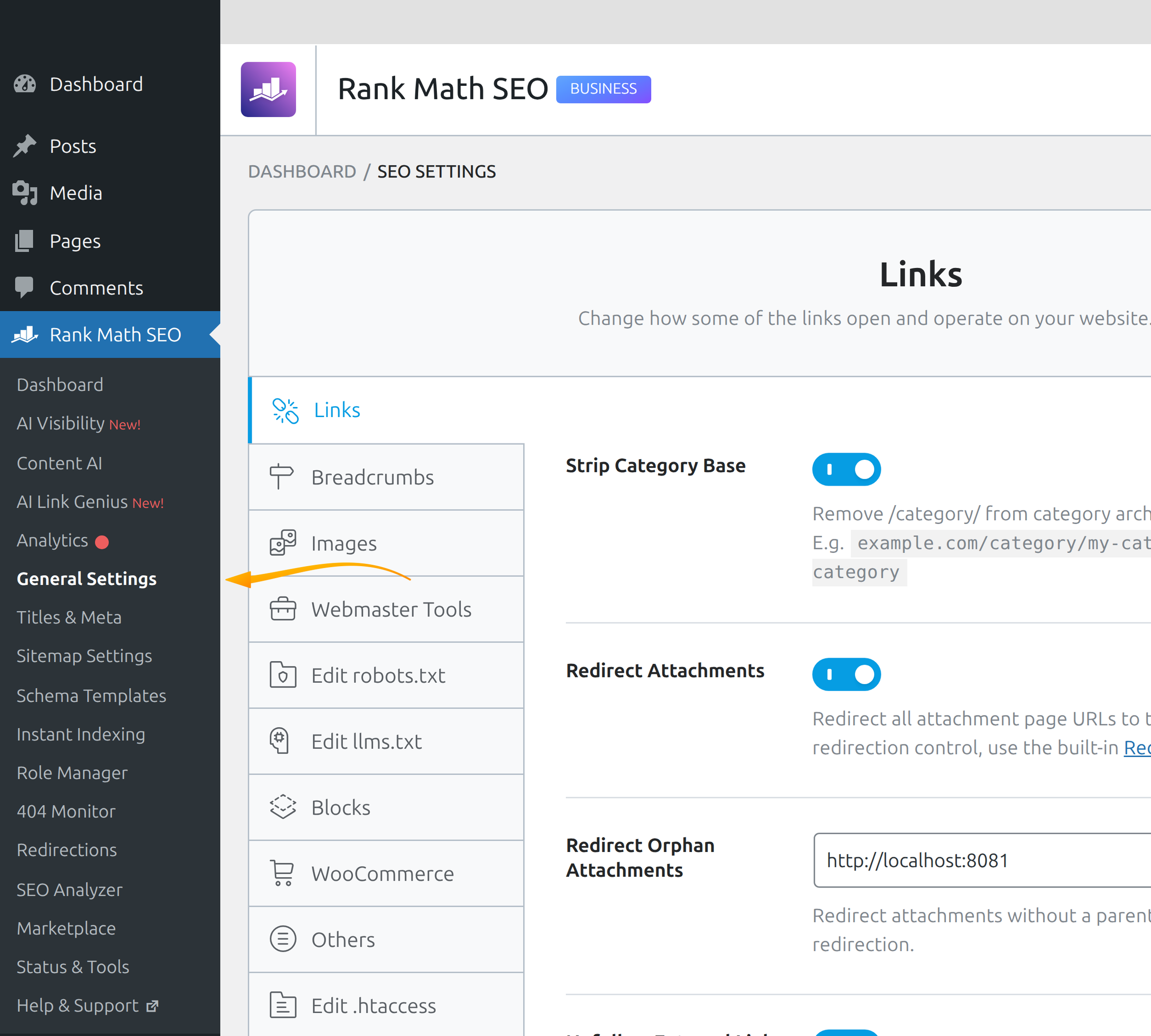 Rank Math SEO item in the WordPress admin sidebar with General Settings in the submenu