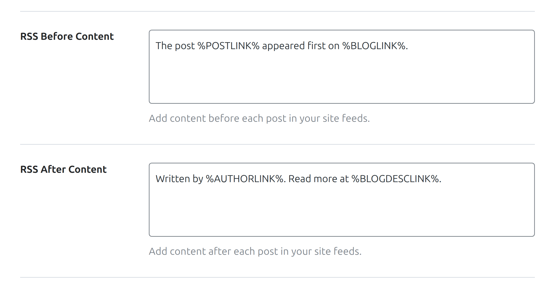 RSS Before Content and RSS After Content fields on the Rank Math Others tab