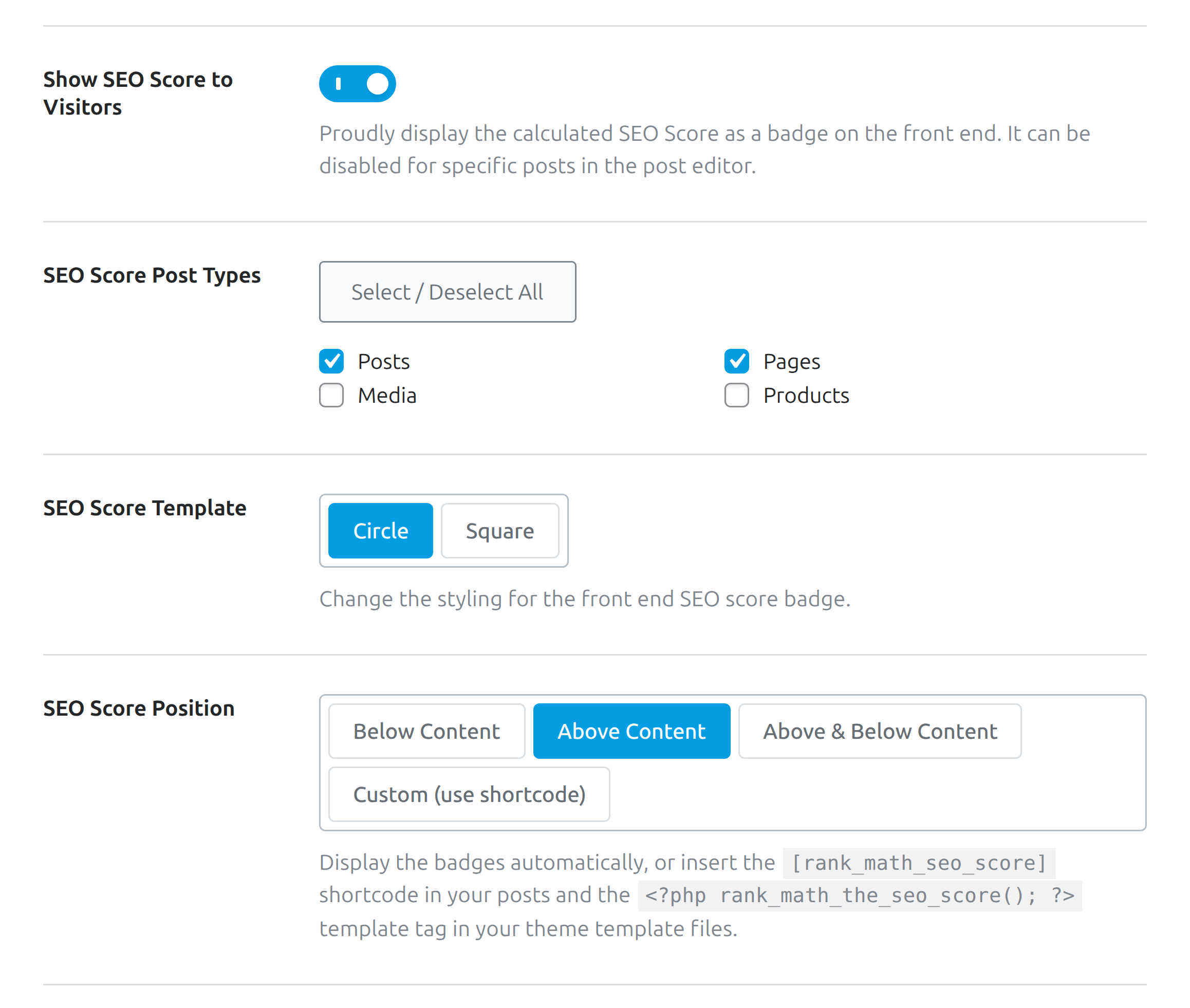 Show SEO Score to Visitors options on the Rank Math Others tab