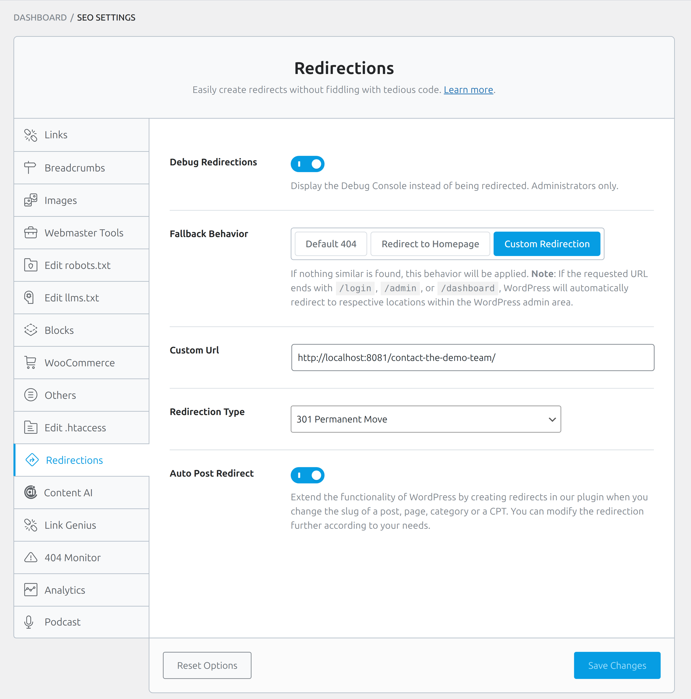 Redirections tab in Rank Math General Settings