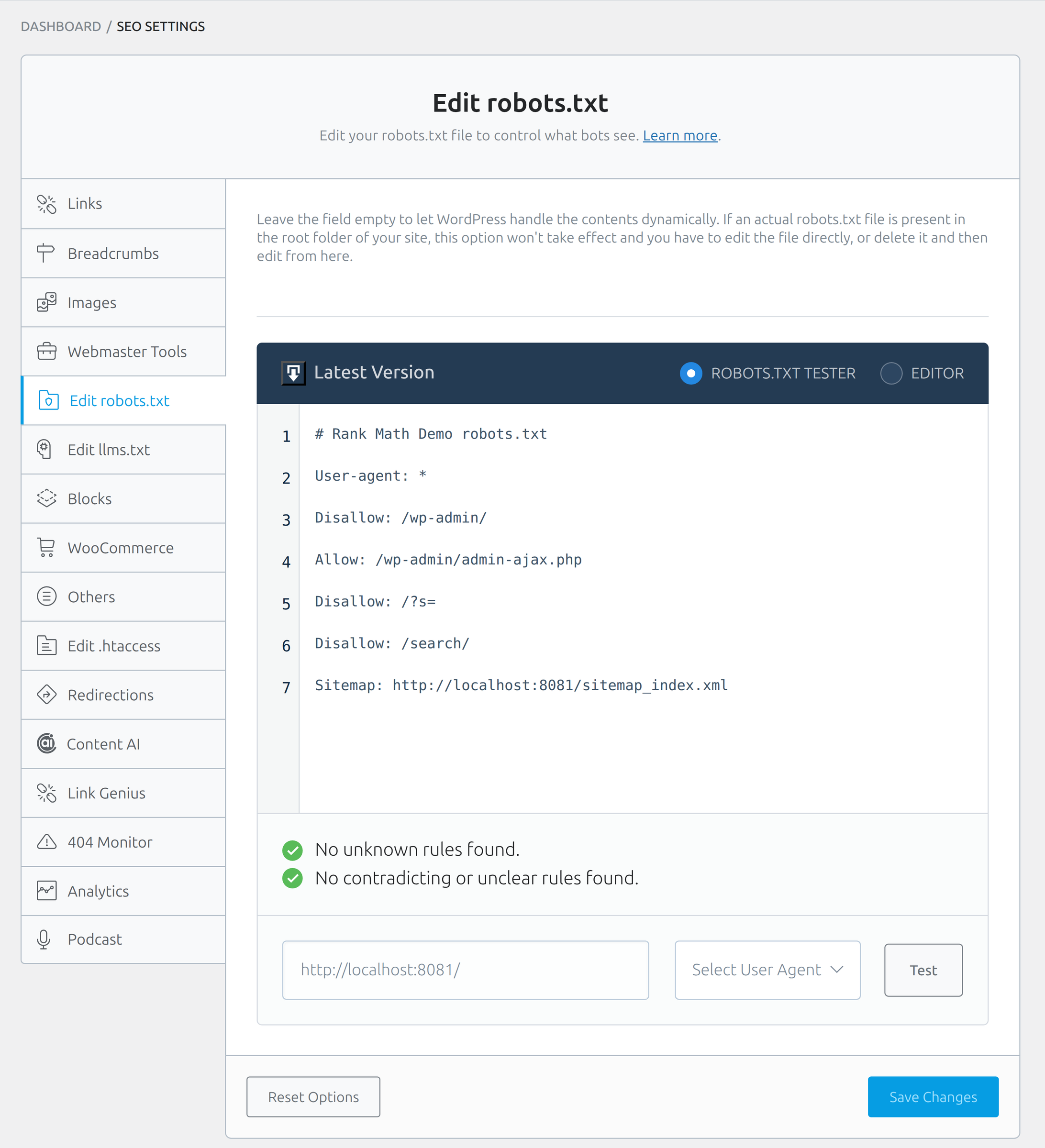 Edit robots.txt tab in Rank Math General Settings