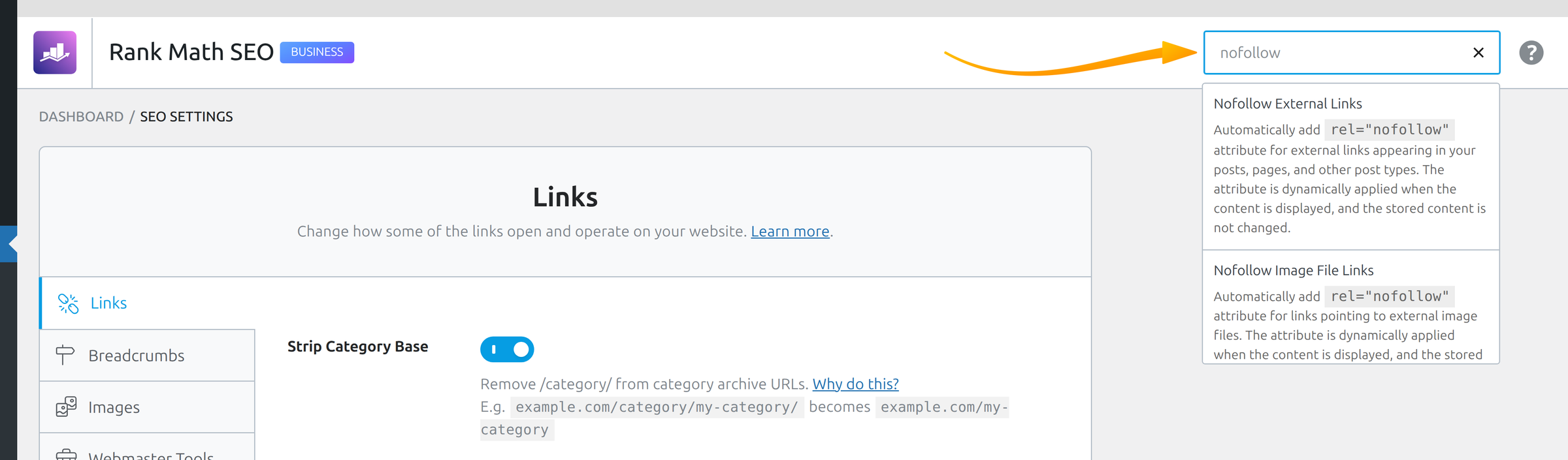 Search Options field in Rank Math with filtered nofollow settings