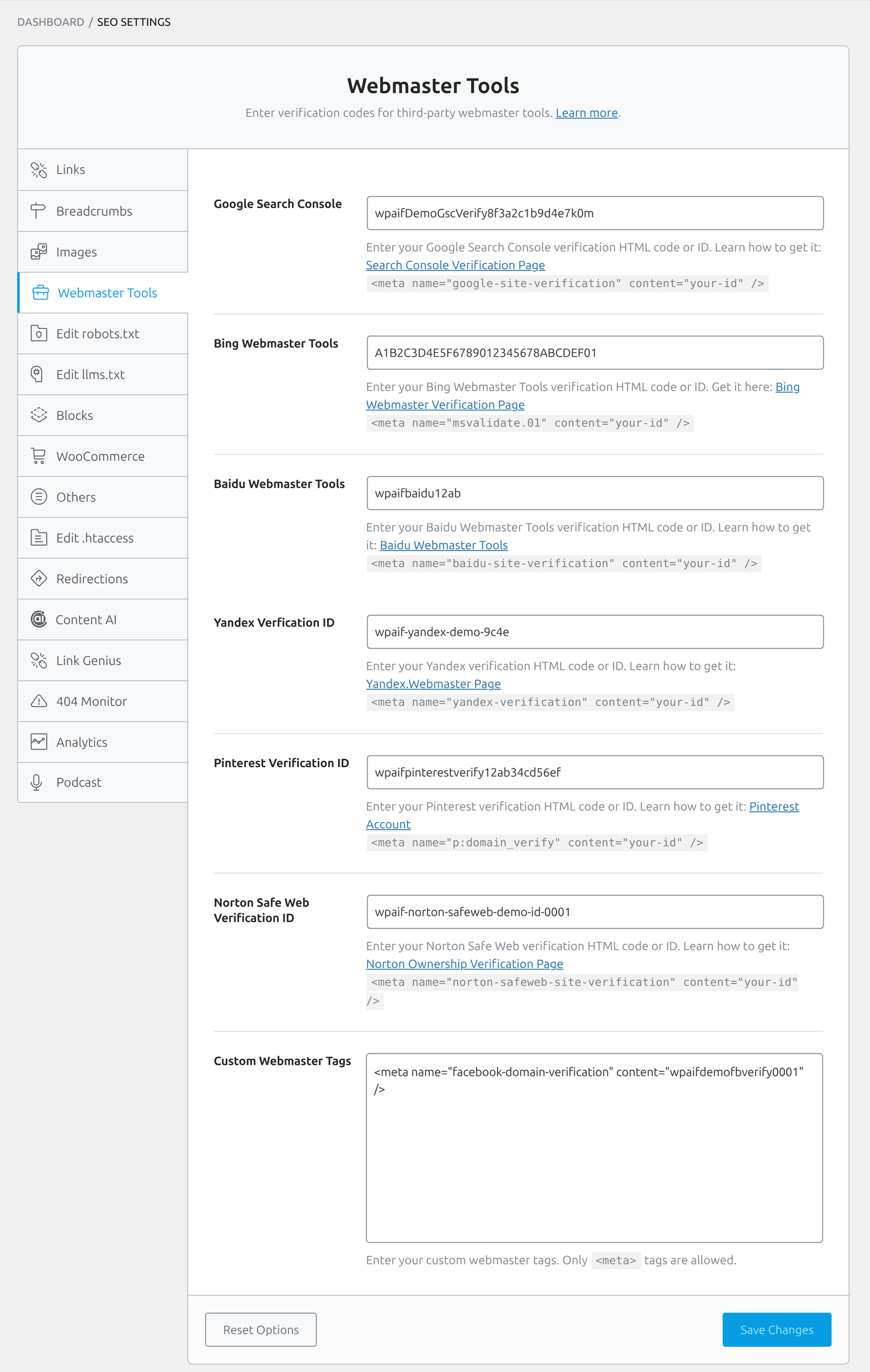 Webmaster Tools tab in Rank Math with verification codes filled in